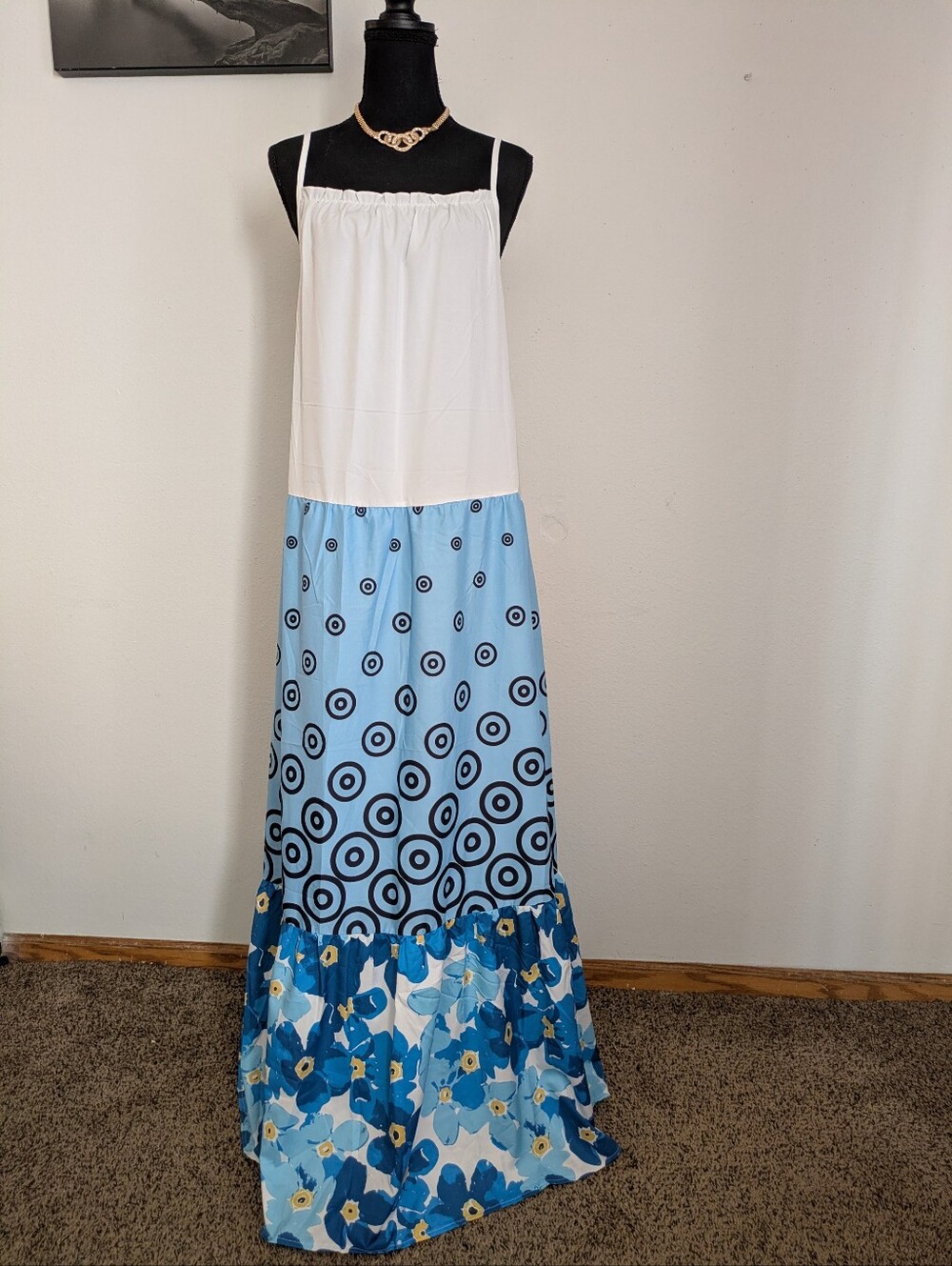 Floral Blooming Colorblock Maxi Dress NWT Size L Blue White Geometric Floral